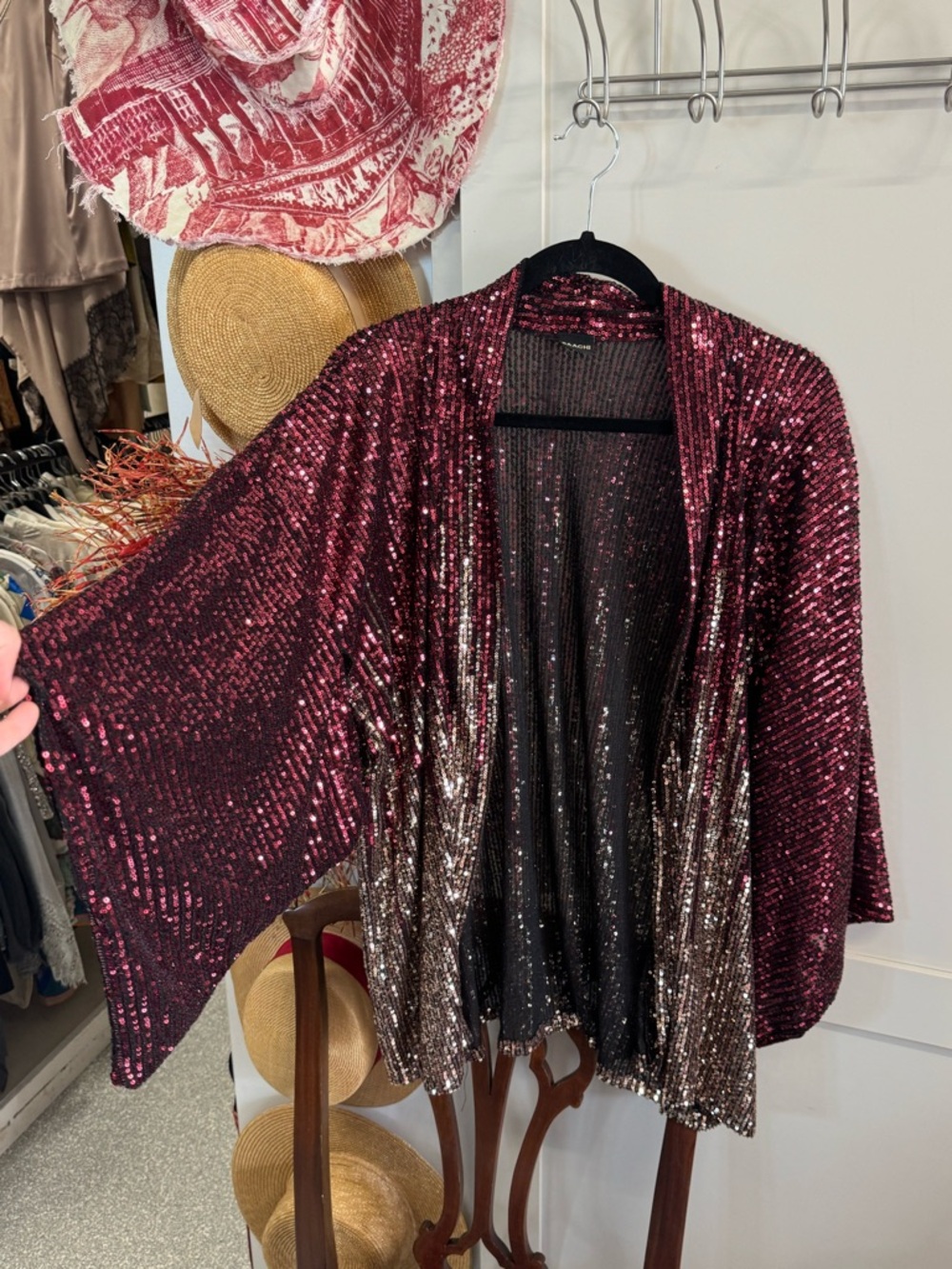 SAACHI Sequin Open-Front Kimono Jacket in Burgundy and Silver - Women